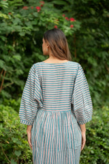 Cotton Midi Dress Stripe Hand Block Print | Boho Summer Sundress with Pockets, Artisan Style Beach Vacation Wear, Bridesmaid Gift for Her