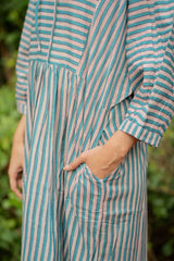 Cotton Midi Dress Stripe Hand Block Print | Boho Summer Sundress with Pockets, Artisan Style Beach Vacation Wear, Bridesmaid Gift for Her