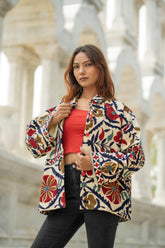 Cotton Suzani Embroidered Short Jacket | Autumn Winter Boho Gypsy | Artisan Hand Crafted Luxury Gift For Her | Olive Green Orange Outerwear