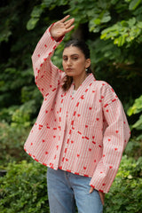 Quilted Pure Cotton Autumn Winter Jacket for Women | Quirky Handmade Boho Short Coat Pink Stripe, Heart Print Anniversary Love Gift for Her