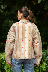 Quilted Pure Cotton Autumn Winter Jacket for Women | Quirky Handmade Boho Short Brown Stripe Coat, Heart Print Anniversary Love Gift for Her