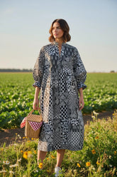 Black Patchwork Cotton Dress: Hand-Stitched Block Print, Fits XXL