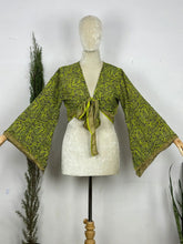 Bohemian Hippie Long Bell Sleeve Wrap Top with Front Tie, Colorful Paisley and Flower Pattern, Festival Boho Fairy Goddess, Summer Going Out | Green Persian Pattern