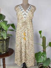 Boho Recycle Silk Magic Summer Maxi Halter Dress | Ivory Brown Floral Motifs