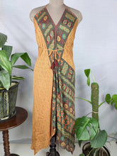 Boho Recycle Silk Magic Summer Maxi Halter Dress | Orange Hues Green Paisley