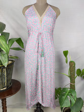 Boho Recycle Silk Magic Summer Maxi Halter Dress | Pink Turquoise Hue Garden