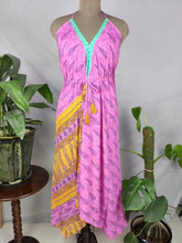 Boho Recycle Silk Magic Summer Maxi Halter Dress | Pink Turquoise Persian Print