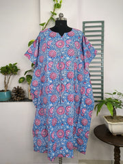 Boho Style Kaftan Dress | Indian Handprinted Blue Pink Sunflower Gardenia| Breathable Lightweight Cotton Fabric Comfortable Chic Summer Look
