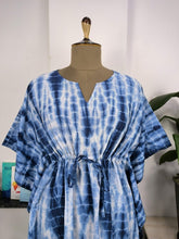 Boho Style Kaftan Dress | Indian Handprinted Blue White Indigo Tie Dye | Breathable Lightweight Cotton Fabric, Comfortable Chic Summer Look