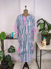 Boho Style Kaftan Dress | Indian Handprinted Pink Metallic Grey Tie Dye | Breathable Lightweight Cotton Fabric, Comfortable Chic Summer Look