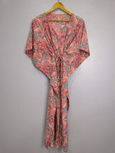 Boho Style Kaftan Dress | Indian Handprinted Salmon Pink Floral Blossom | Breathable Lightweight Cotton Fabric, Comfortable Chic Summer Look