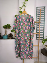 Boho Style Kaftan Dress | Indian Handprinted with Aqua Blue Garden Floral | Breathable Lightweight Cotton Fabric, Comfortable, Chic Summer Look