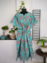 Boho Style Kaftan Dress | Indian Handprinted with Monte Carlo Lotus Bloom | Breathable Lightweight Cotton Fabric, Comfortable, Chic Summer Look