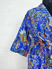 Kantha Pure Cotton Reversible Long Kimono Women Jacket Floral Print Blue Red