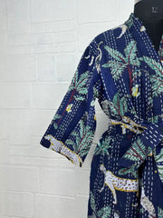 Kantha Pure Cotton Reversible Short Kimono Women Jacket Jungle Print Blue Green