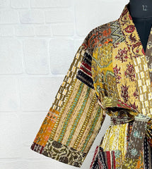 Kantha Pure Cotton Reversible Short Kimono Women Jacket Patchwork Beige Brown