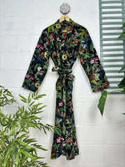 Luxury Velvet House Robe Unisex Kimono Jacket Reversible Silk Lined Autumn Winter Gift Elegant Floral Black Malibu Bluish Valentine Love