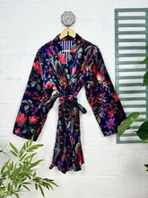 Luxury Velvet House Robe Unisex Kimono Jacket Reversible Silk Lined Autumn Winter Gift Elegant Floral Blue Malibu Bluish Valentine Love