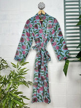 Luxury Velvet House Robe Unisex Kimono Jacket Reversible Silk Lined Autumn Winter Gift Elegant Floral Blue Malibu Bluish Valentine Love
