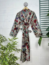 Luxury Velvet House Robe Unisex Kimono Jacket Reversible Cotton Lined Autumn Winter Gift Elegant Floral Grey Malibu Bluish Valentine Love