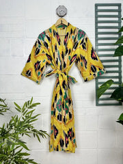 Luxury Velvet House Robe Unisex Kimono Jacket Reversible Silk Lined Autumn Winter Gift Elegant Ikat Yellow Malibu Bluish Valentine Love