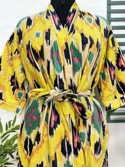 Luxury Velvet House Robe Unisex Kimono Jacket Reversible Silk Lined Autumn Winter Gift Elegant Ikat Yellow Malibu Bluish Valentine Love