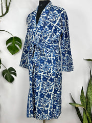 Men Pure Cotton Robe Kimono Funky Summer House Wear Handblock Printed Elegant Beach Coverup, Smoking Lounge Wear | White Blue Indigo Floral