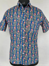 Men's Shirt Pure Cotton Handblock Print | Summer Cool Casual Beach Wear | Comfortable Garden Picnic Urban Man Dad Gift | Blue Floral Leaf