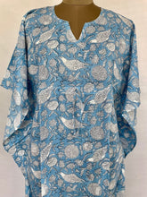 Pure Cotton Kaftan Summer Kimono Indian Block Printed Floral Beach Coverup, Comfy Maternity Mom | Sky Blue Bird White Floral Summer Cloth
