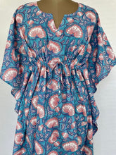 Pure Cotton Kaftan Summer Kimono Indian Block Printed Floral Beach Coverup, Comfy Maternity Mom | Stone Blue Pink Lotus Floral Summer Cloth