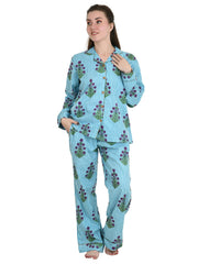 Pure Cotton PJ Set Night Shirt Panama Hand Block Printed Nightwear Spring Lounge Wear | Luxury Summer Lotus Floral Stripes Comfy Sleep Set