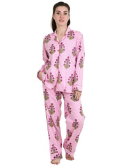 Pure Cotton PJ Set Night Shirt Panama Hand Block Printed Nightwear Spring Lounge Wear | Luxury Summer Lotus Floral Stripes Comfy Sleep Set