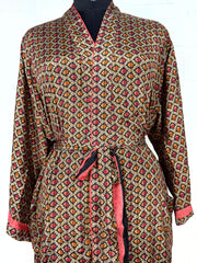 Recycle Boho House Robe Kimono Vintage Silk Sari Dressing Gown, Beach Coverup, Bridesmaid, Anniversary Gift Her | Floral Print