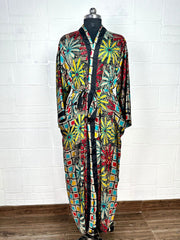 Recycle Boho House Robe Kimono Vintage Silk Sari Dressing Gown, Beach Coverup, Bridesmaid, Anniversary Gift Her | Floral Print