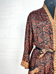 Recycle Boho House Robe Kimono Vintage Silk Sari Dressing Gown, Beach Coverup, Bridesmaid, Anniversary Gift Her | Floral Print