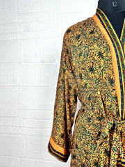Recycle Boho House Robe Kimono Vintage Silk Sari Dressing Gown, Beach Coverup, Bridesmaid, Anniversary Gift Her | Floral Print
