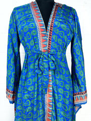 Recycle Boho House Robe Kimono Vintage Silk Sari Dressing Gown, Beach Coverup, Bridesmaid, Anniversary Gift Her | Floral Print Blue
