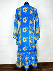 Recycle Boho House Robe Kimono Vintage Silk Sari Dressing Gown, Beach Coverup, Bridesmaid, Anniversary Gift Her | Floral Print Blue