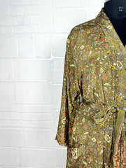 Recycle Boho House Robe Kimono Vintage Silk Sari Dressing Gown, Beach Coverup, Bridesmaid, Anniversary Gift Her | Floral Print Green