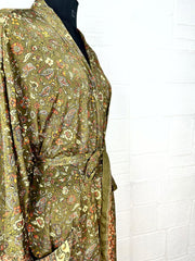 Recycle Boho House Robe Kimono Vintage Silk Sari Dressing Gown, Beach Coverup, Bridesmaid, Anniversary Gift Her | Floral Print Green