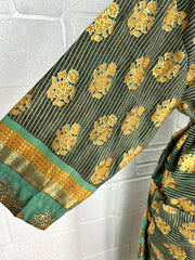 Recycle Boho House Robe Kimono Vintage Silk Sari Dressing Gown, Beach Coverup, Bridesmaid, Anniversary Gift Her | Floral Print Green Yellow