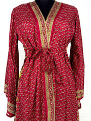 Recycle Boho House Robe Kimono Vintage Silk Sari Dressing Gown, Beach Coverup, Bridesmaid, Anniversary Gift Her | Floral Print Red