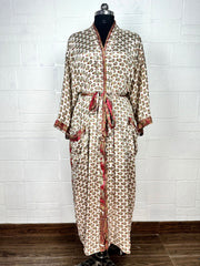 Recycle Boho House Robe Kimono Vintage Silk Sari Dressing Gown, Beach Coverup, Bridesmaid, Anniversary Gift Her | Floral Print white Red