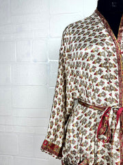 Recycle Boho House Robe Kimono Vintage Silk Sari Dressing Gown, Beach Coverup, Bridesmaid, Anniversary Gift Her | Floral Print white Red