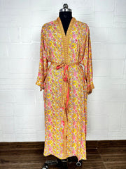 Recycle Boho House Robe Kimono Vintage Silk Sari Dressing Gown, Beach Coverup, Bridesmaid, Anniversary Gift Her | Floral Print Yellow Pink