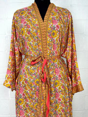 Recycle Boho House Robe Kimono Vintage Silk Sari Dressing Gown, Beach Coverup, Bridesmaid, Anniversary Gift Her | Floral Print Yellow Pink