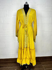Recycle Boho House Robe Kimono Vintage Silk Sari Dressing Gown, Beach Coverup, Bridesmaid, Anniversary Gift Her | Geometric Print Yellow