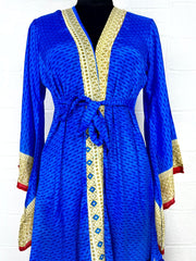 Recycle Boho House Robe Kimono Vintage Silk Sari Dressing Gown, Beach Coverup, Bridesmaid, Anniversary Gift Her | Leaf Print Blue