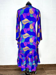 Recycle Boho House Robe Kimono Vintage Silk Sari Dressing Gown, Beach Coverup, Bridesmaid, Anniversary Gift Her | Leaf Print Blue Pink