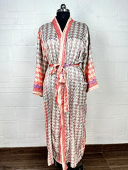 Recycle Boho House Robe Kimono Vintage Silk Sari Dressing Gown, Beach Coverup, Bridesmaid, Anniversary Gift Her | Leaf Print Grey Red